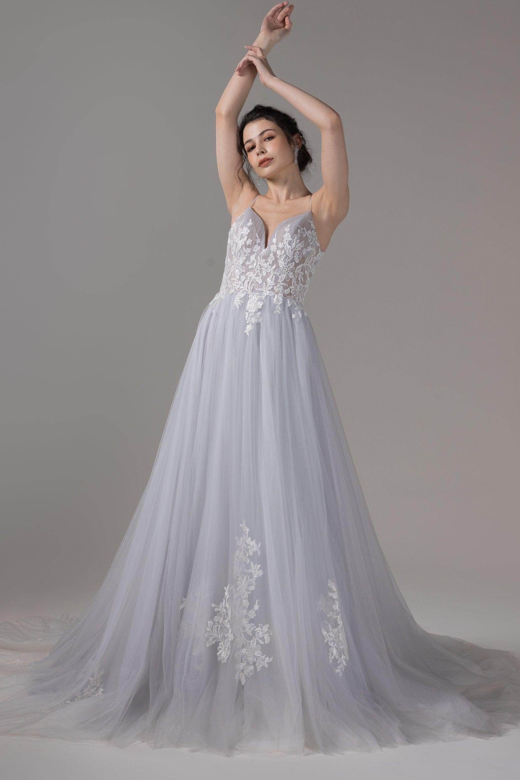 A-Line Chapel Train Lace Tulle Wedding Dress CW2807 - COCOMELODY